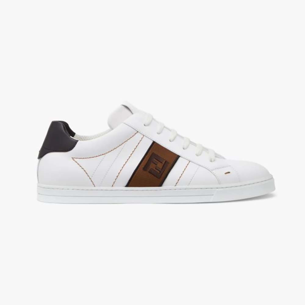 Side view of Fendi Men White Leather Low-Tops Sneakers Rubber Box Sole
