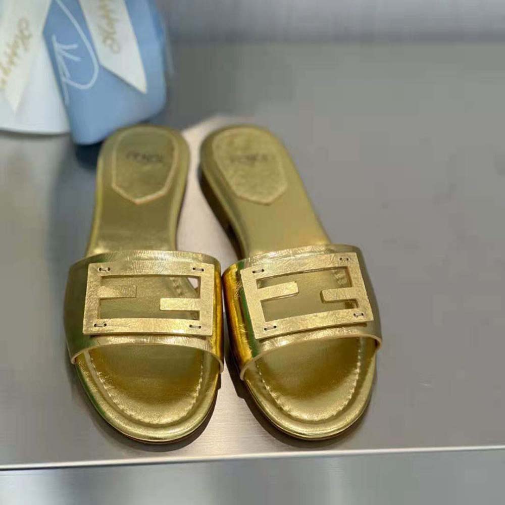 Fendi Women Baguette Gold Nappa Leather Slides - image 7