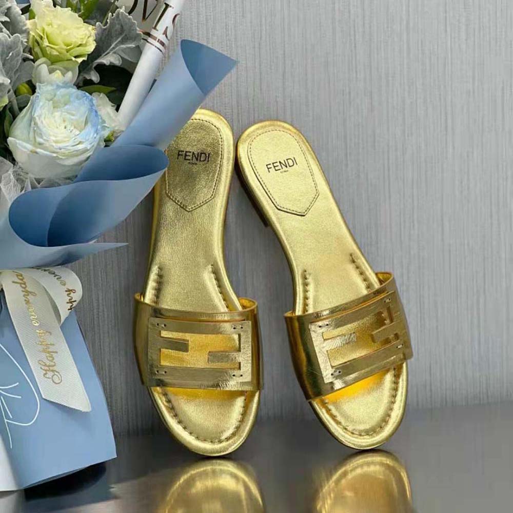 Fendi Women Baguette Gold Nappa Leather Slides - image 6