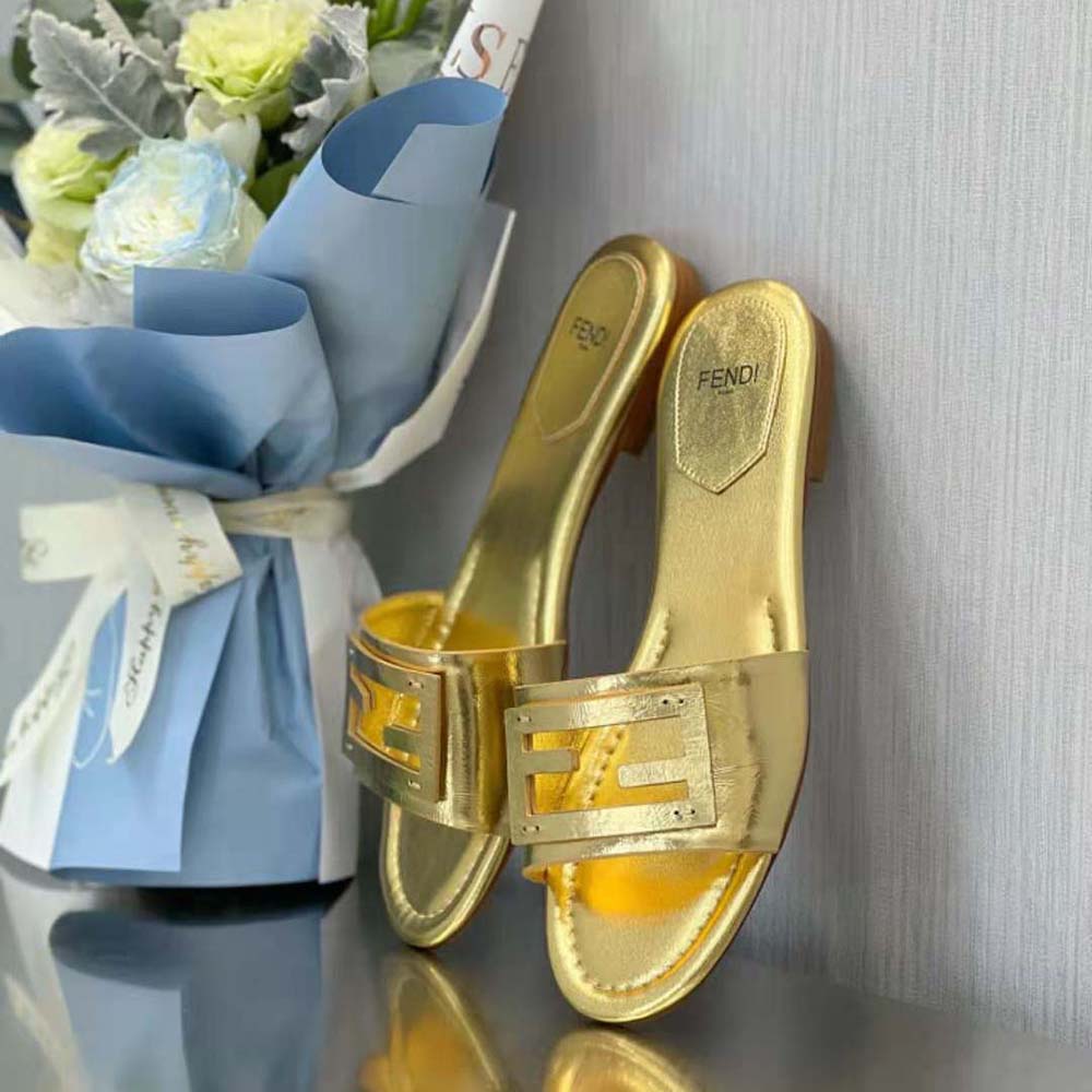 Fendi Women Baguette Gold Nappa Leather Slides - image 4