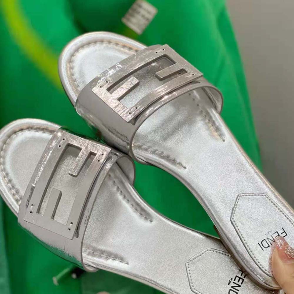 Fendi Women Baguette Silver Nappa Leather Slides - image 10