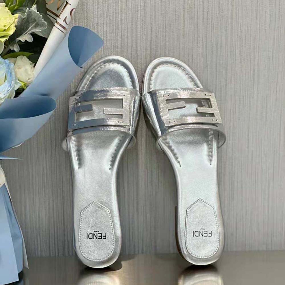 Fendi Women Baguette Silver Nappa Leather Slides - image 4