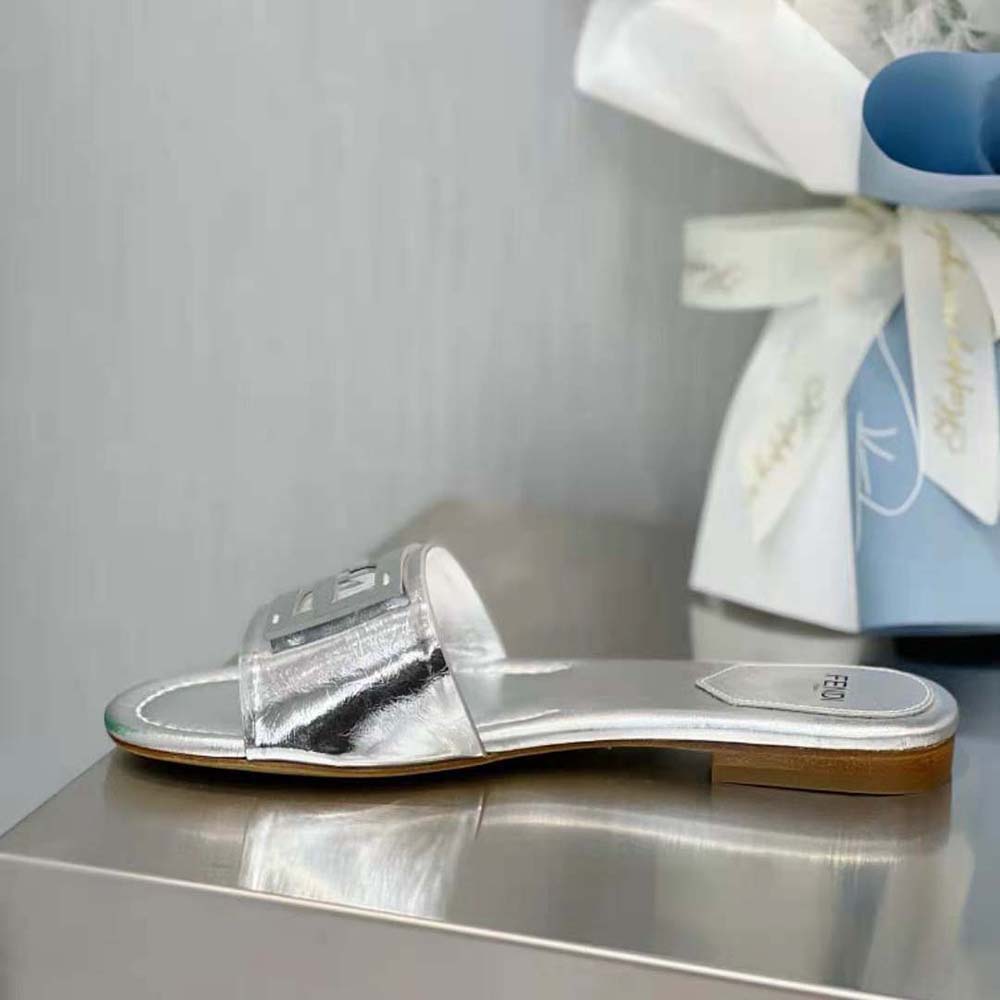 Fendi Women Baguette Silver Nappa Leather Slides - image 9