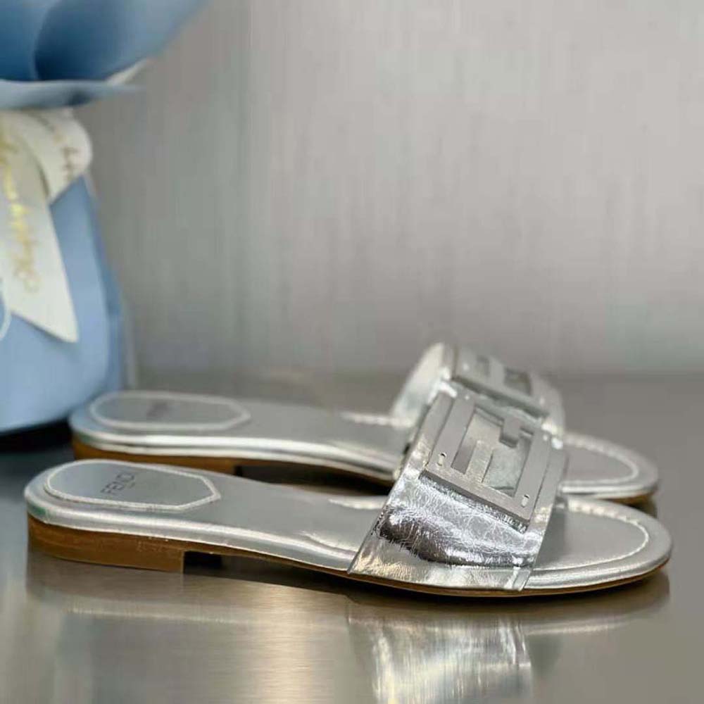 Fendi Women Baguette Silver Nappa Leather Slides - image 6
