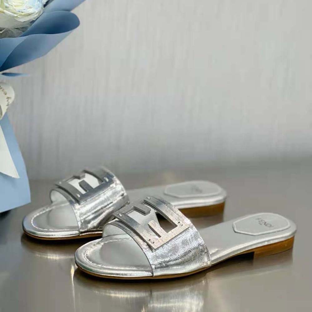 Fendi Women Baguette Silver Nappa Leather Slides - image 8