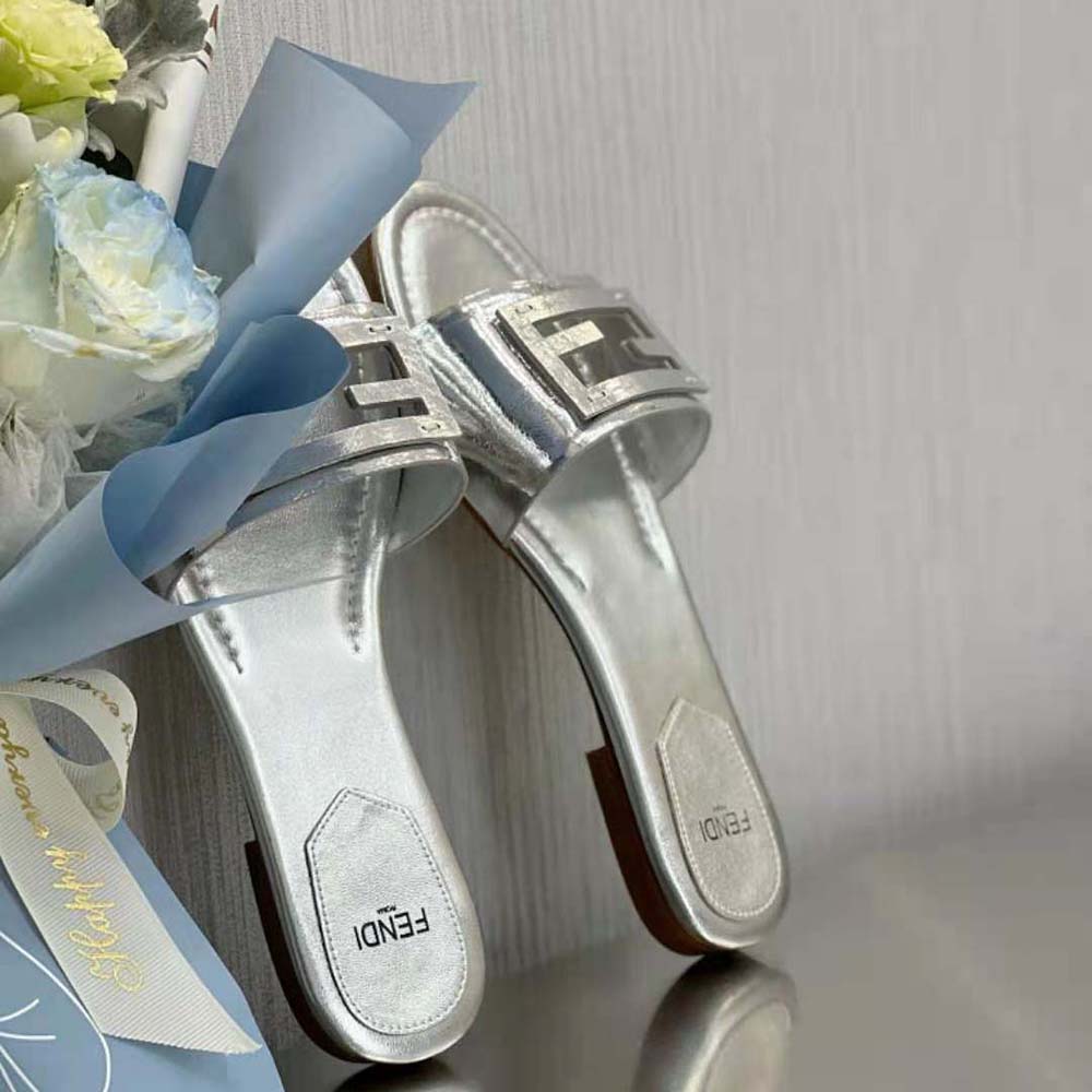 Fendi Women Baguette Silver Nappa Leather Slides - image 5