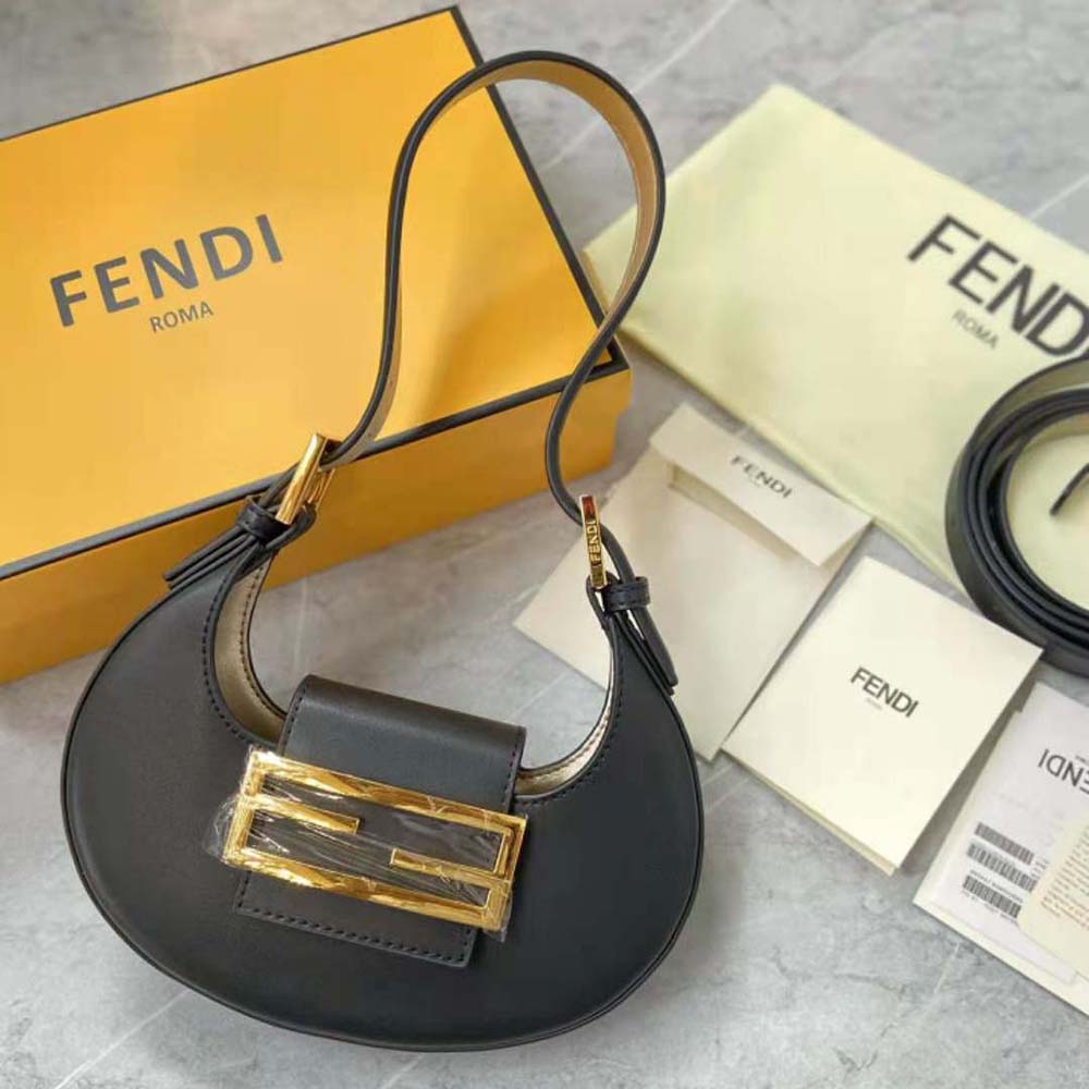 Close-up of Fendi logo detail on Cookie Black Leather Mini Bag