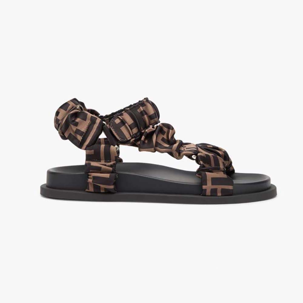 Side profile of Fendi Women Fendi Feel Brown Satin Sandals showing heel detail