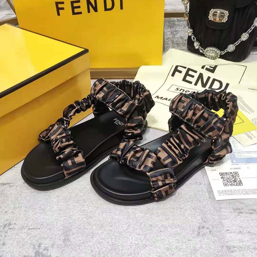 Top view of Fendi Women Fendi Feel Brown Satin Sandals highlighting open toe