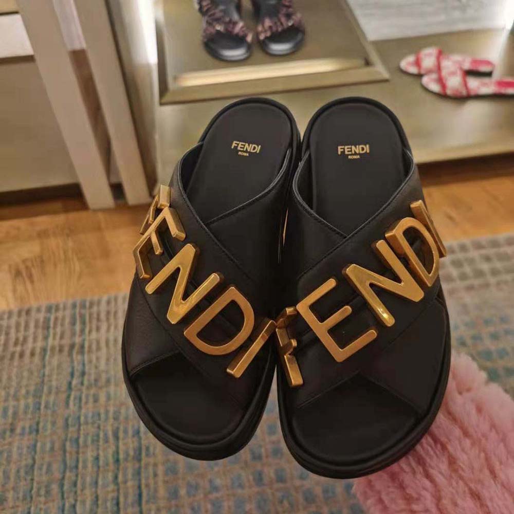 Fendi Women Fendigraphy Black Leather Slides - image 3