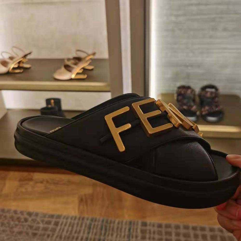 Fendi Women Fendigraphy Black Leather Slides - image 5