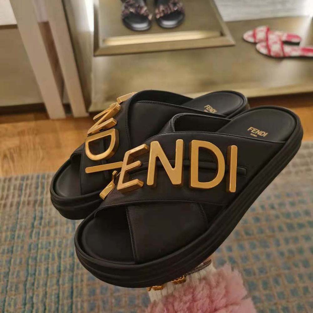 Fendi Women Fendigraphy Black Leather Slides - image 4