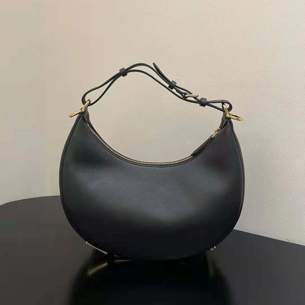 Side view showing strap detail of Fendi Women Fendigraphy Small Black Leather Bag-Black