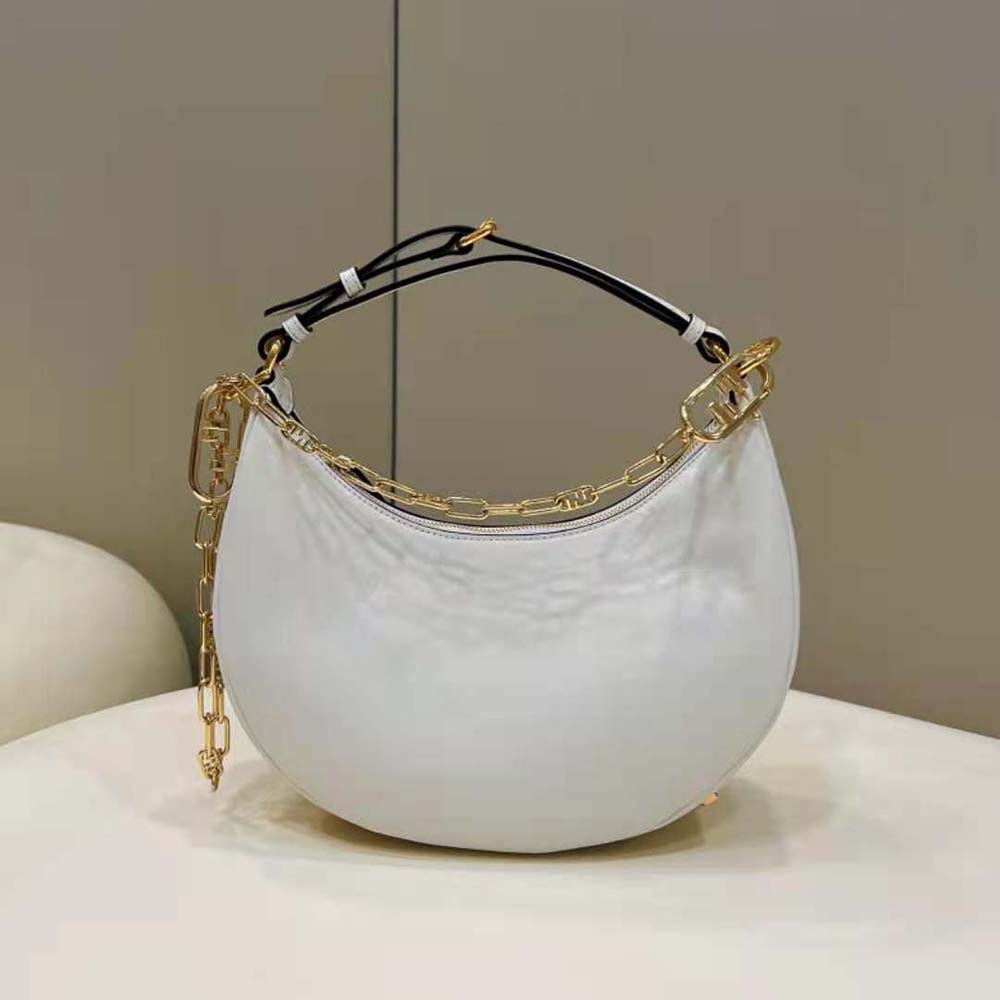 Close-up of gold-tone hardware and embossed logo on Fendi Women Fendigraphy bag