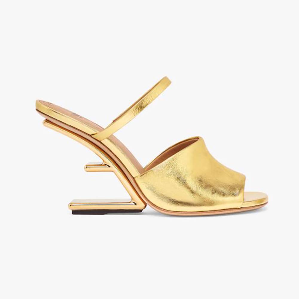 Side view of Fendi Women First Gold Nappa Leather High-Heeled Sandals