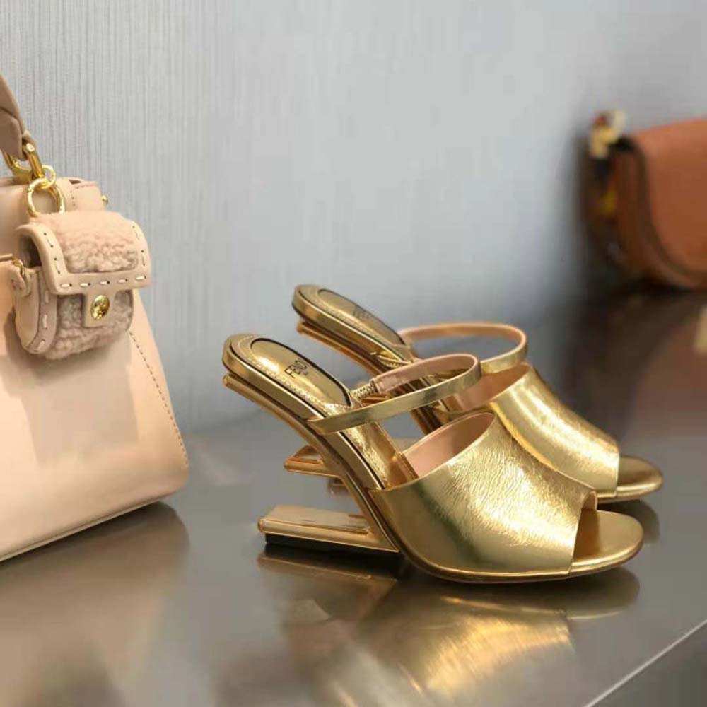 Elegant top view of Fendi Women First Gold Nappa Leather Sandals