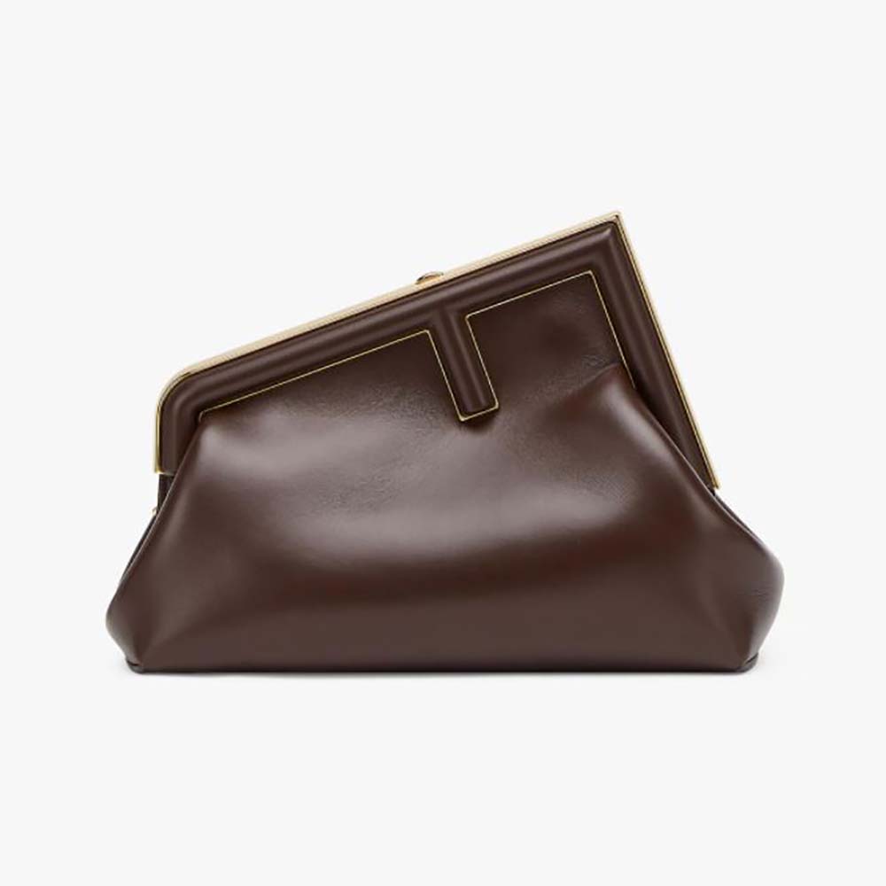 Front view of Fendi Women First Small Dark Brown Leather Bag with gold hardware