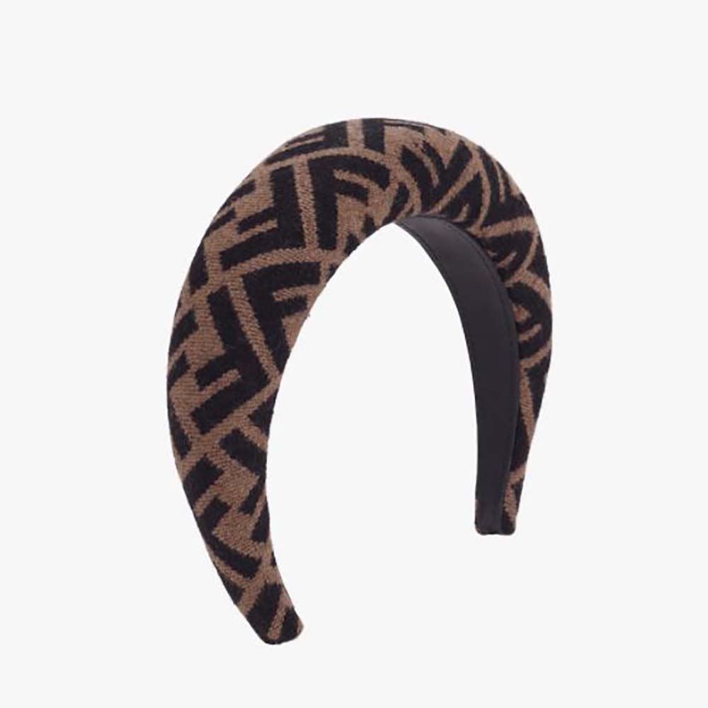 Front view of Fendi Women Headband in brown wool cashmere and silk