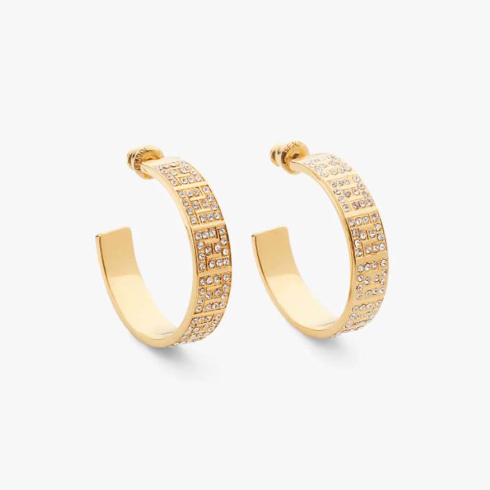 Front close-up of Fendi Women Hoop Earrings with FF Motif Gold-colored