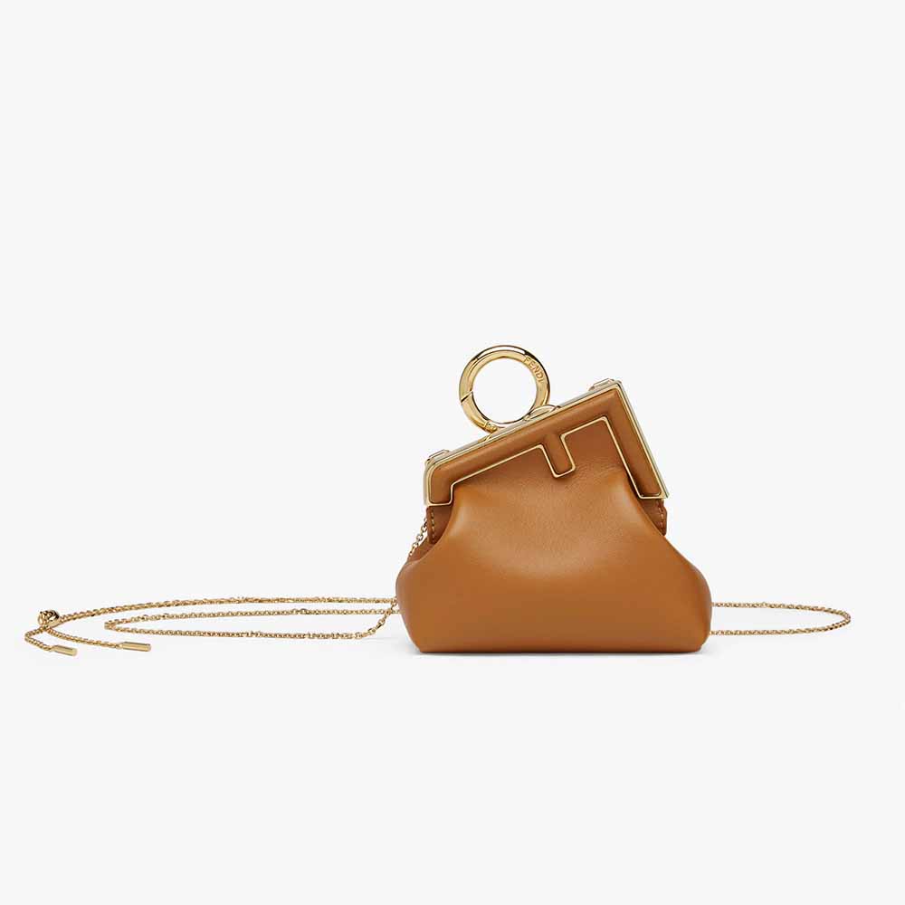 Front view of Fendi Women Nano Fendi First Charm Brown Nappa Leather Charm