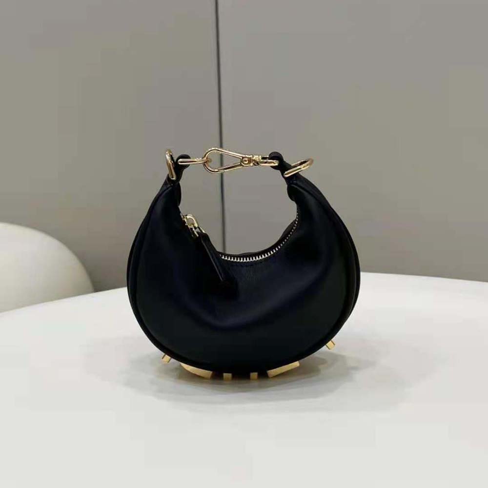 Side angle showing clasp and leather details of Fendi Women Nano Fendigraphy Charm