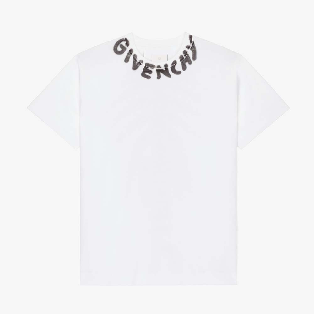Front view of Givenchy Men Oversized T-shirt with Tag Effect Prints-White