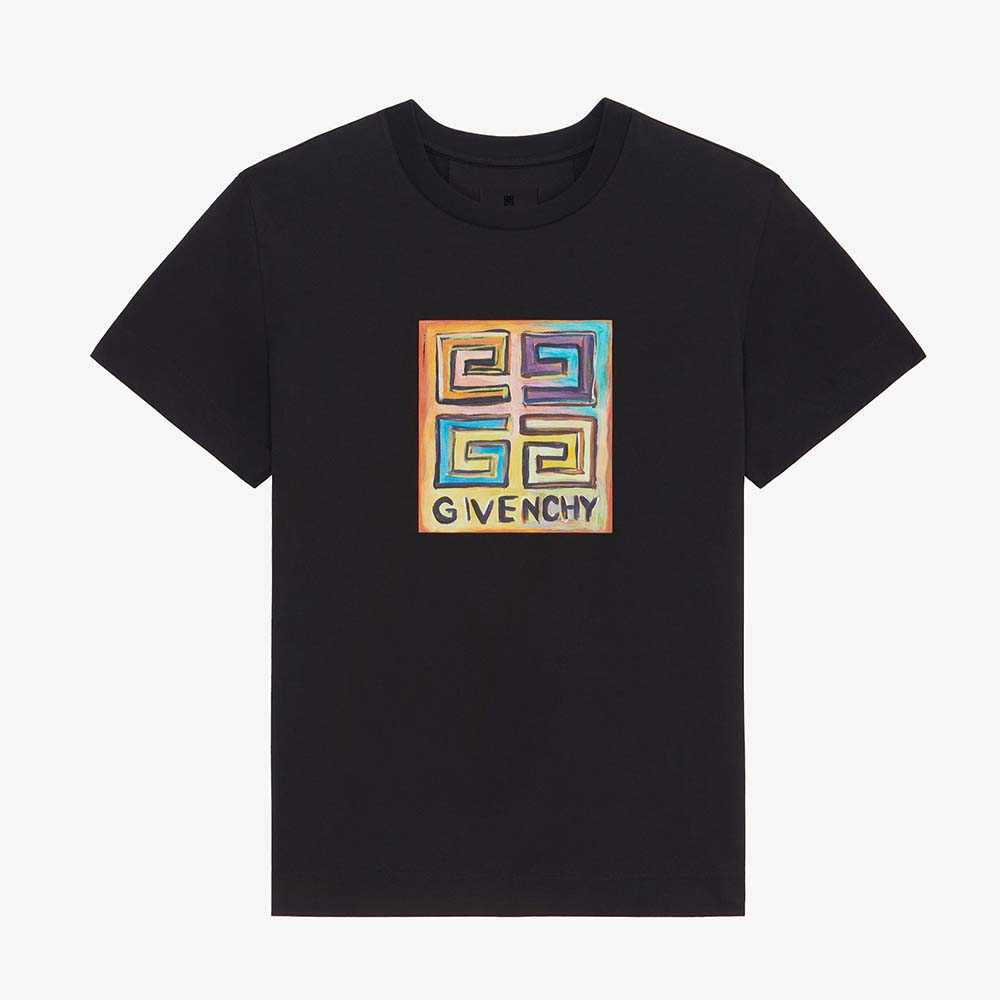 Front view of Givenchy Men Slim Fit T-shirt in Jersey with 4G Sun Print-Black