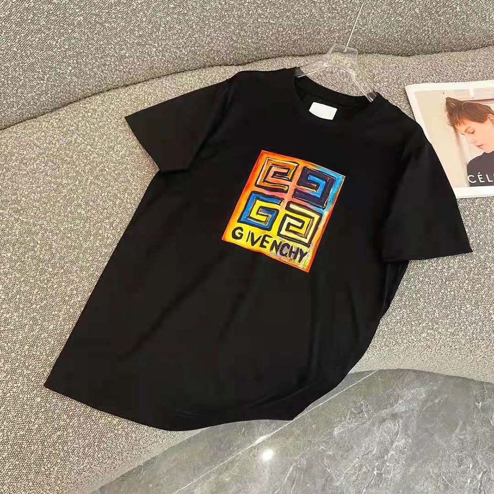 Close-up of embossed 4G Sun print detail on Givenchy black slim fit T-shirt