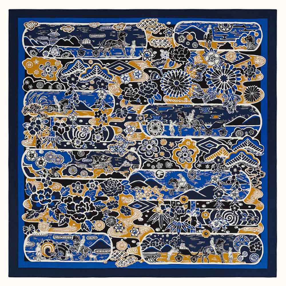 Front view of Hermes Women Bingata Shawl 140 in Cashmere and Silk with navy colour