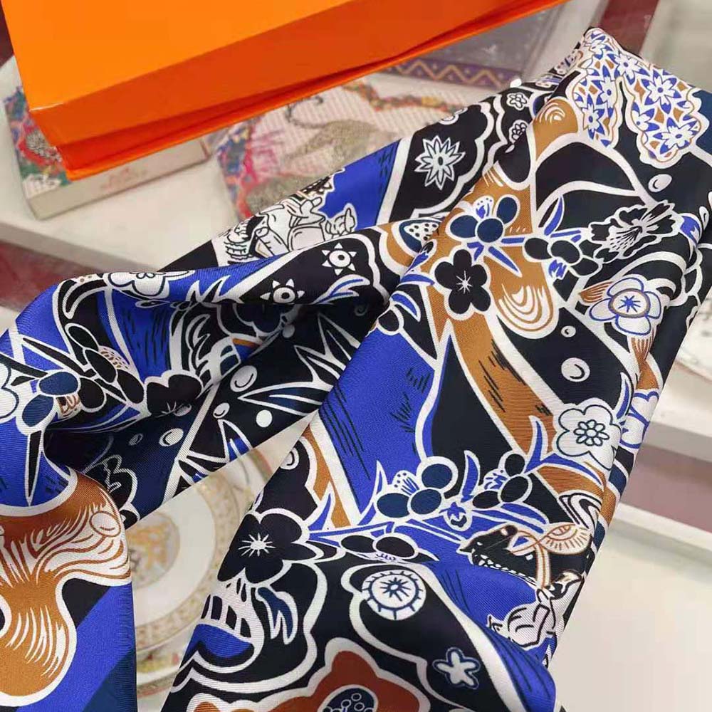 Hermes Women Bingata Shawl 140 in Cashmere and Silk with Hand-Rolled Edges-Navy - image 7