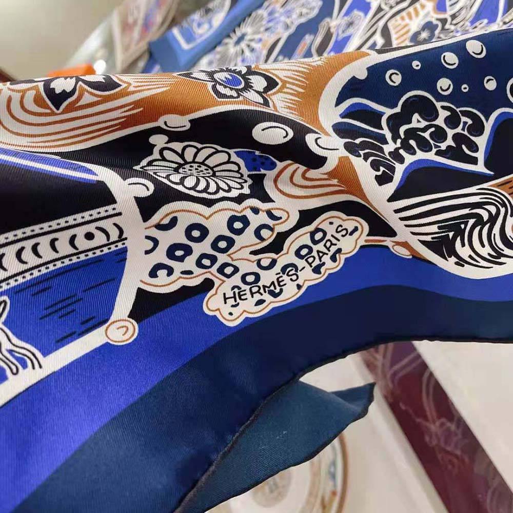 Hermes Women Bingata Shawl 140 in Cashmere and Silk with Hand-Rolled Edges-Navy - image 6