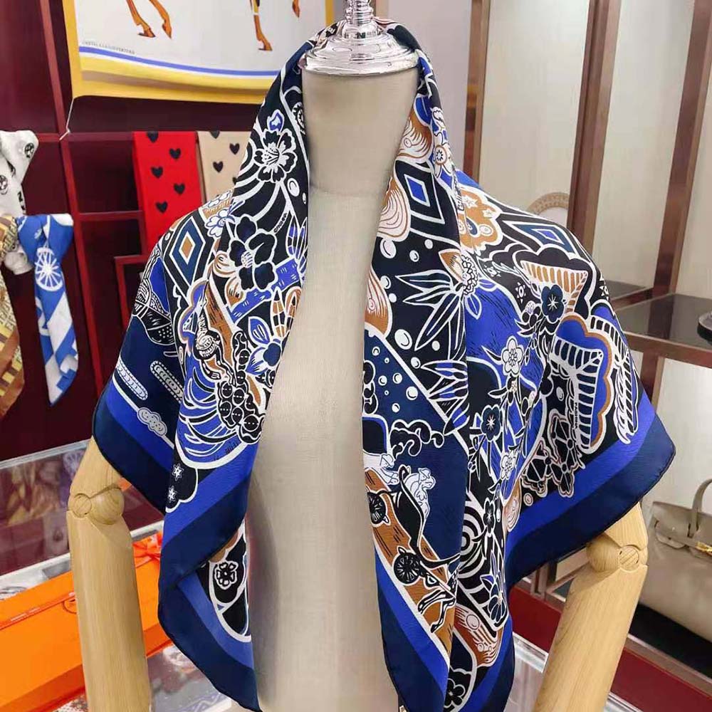 Draped Hermes Women Bingata Shawl 140 showing cashmere and silk texture