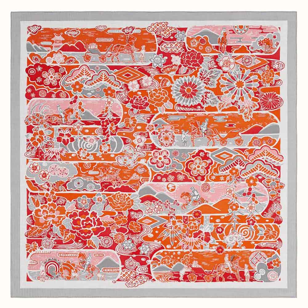 Front view of Hermes Women Bingata Shawl 140 in vibrant orange
