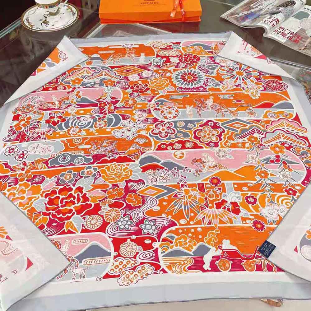 Hermes Women Bingata Shawl 140 in Cashmere and Silk with Hand-Rolled Edges-Pink - image 8