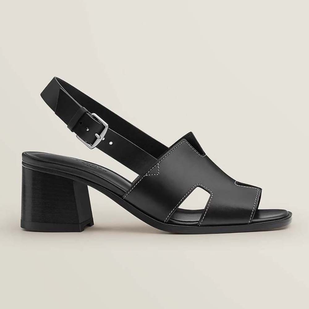 Side angle of Hermes Women Elbe 60 Sandal in black calfskin leather