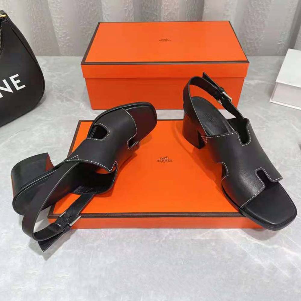 Hermes Women Elbe 60 Sandal in Calfskin Leather-Black - image 7