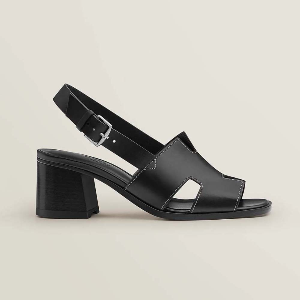 Side view of Hermes Women Elbe 60 Sandal in black calfskin
