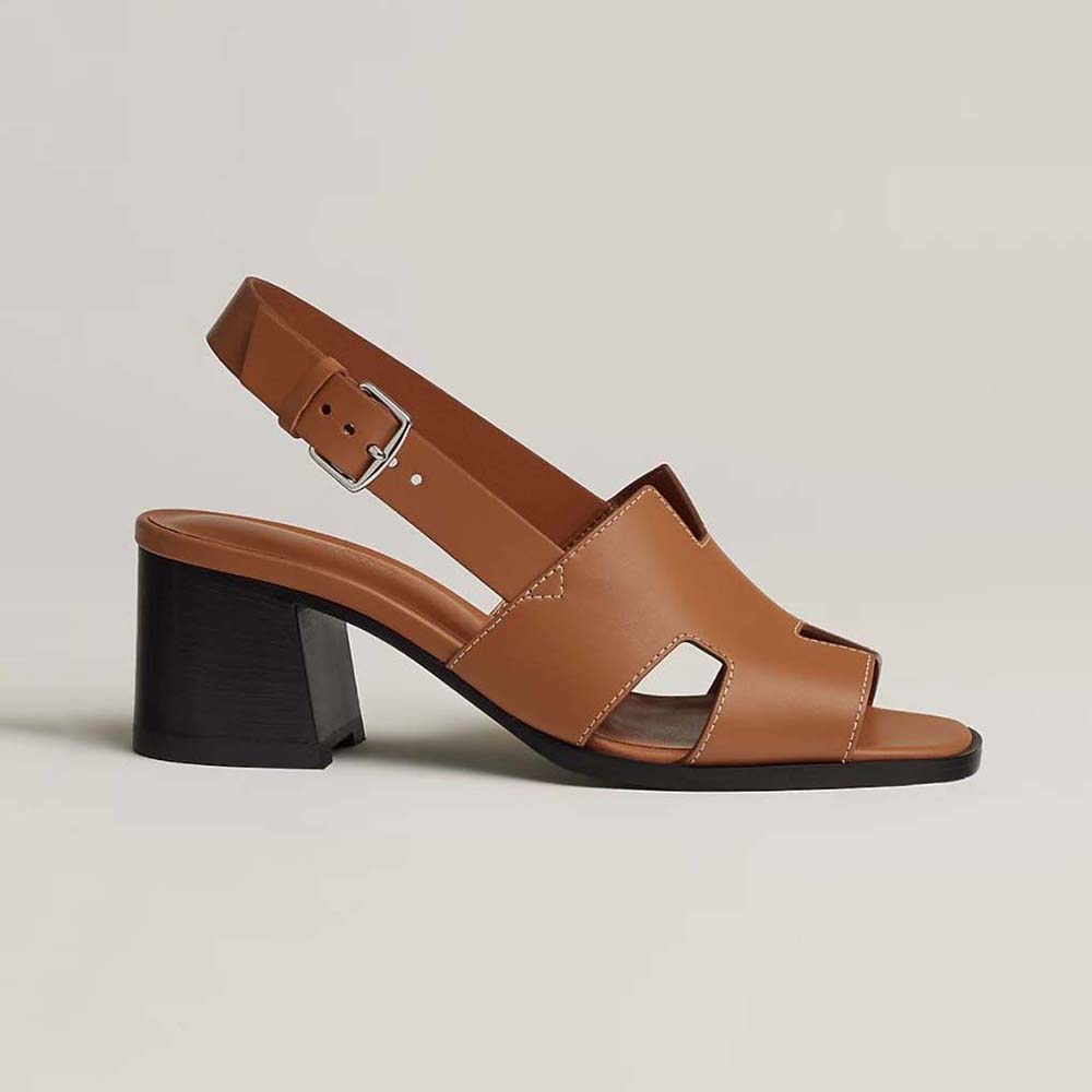 Front angle of Hermes Women Elbe 60 Sandal showcasing brown calfskin