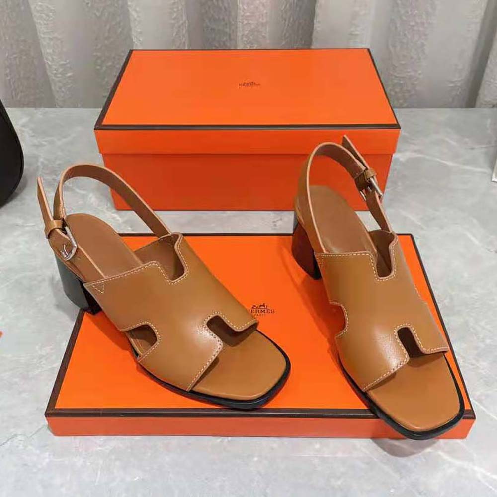 Side profile of Hermes Women Elbe 60 Sandal highlighting 60mm heel