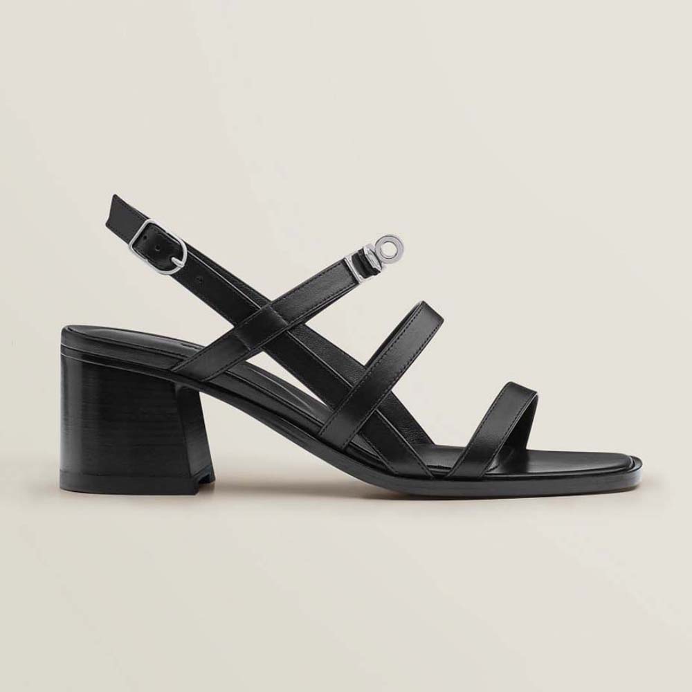 Side profile of Hermes Women Eve 60 Sandal in black calfskin leather