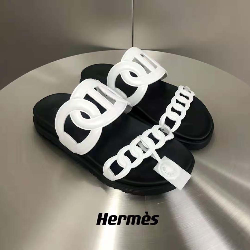 Close-up of Hermes Women Extra Sandal white leather and cut-out detail