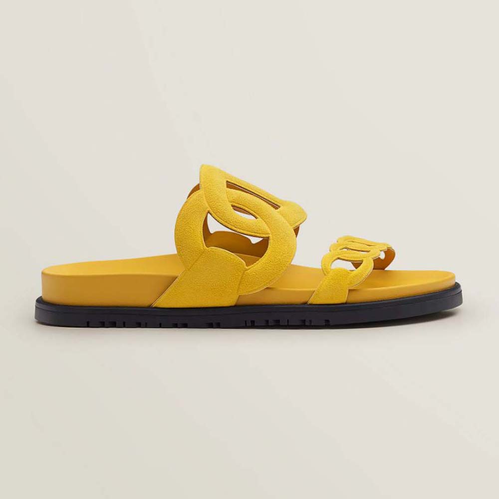 Side profile of Hermes Women Extra Sandal in Suede Goatskin-Yellow