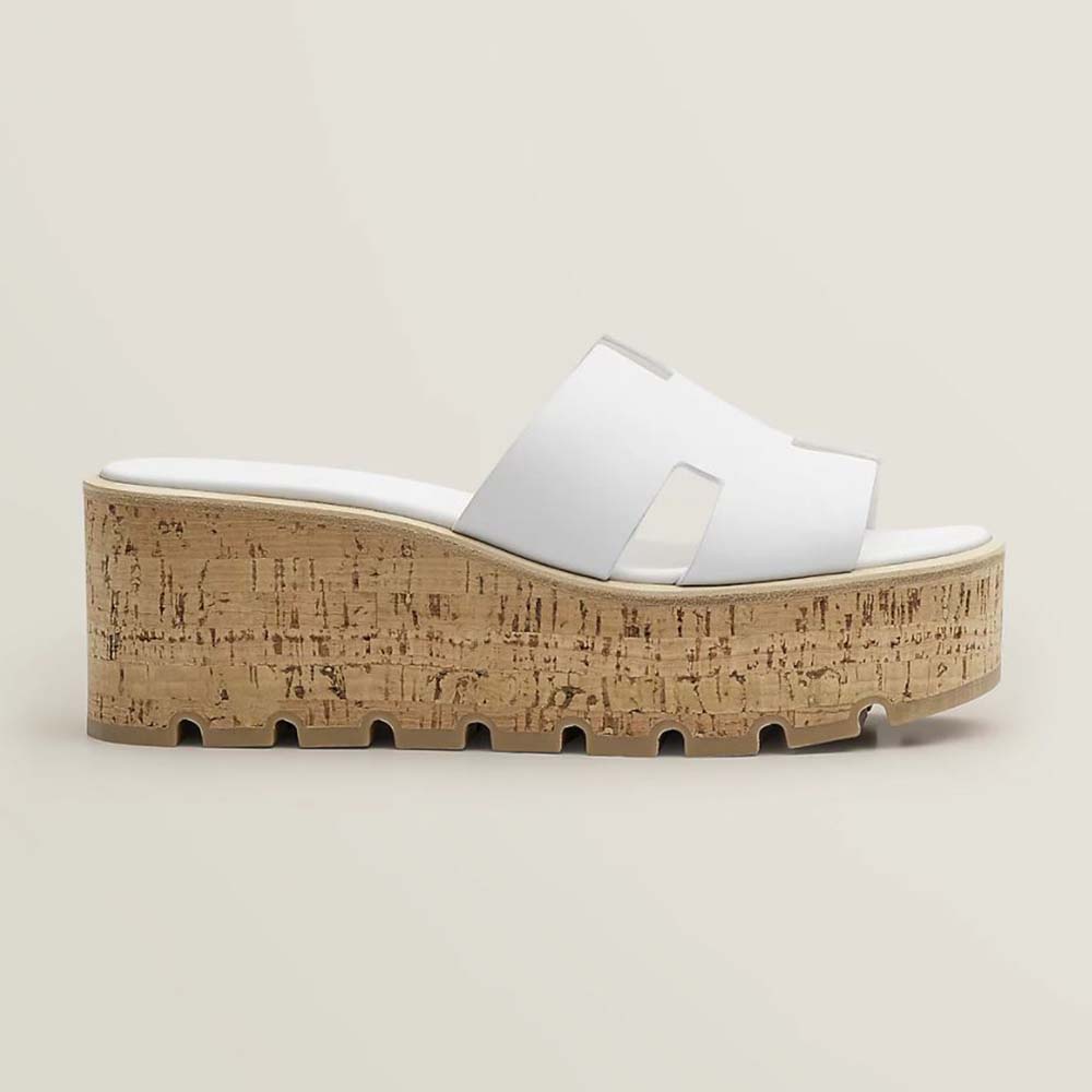 Side view of Hermes Women Eze 30 Sandal in white with heel detail
