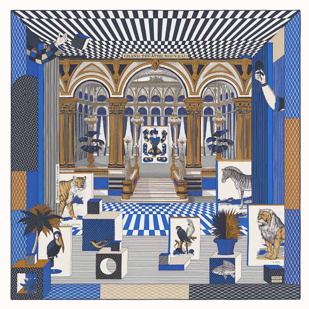 Front view of Hermes Women Grand Theatre Nouveau Scarf 90 in Silk Twill-Navy