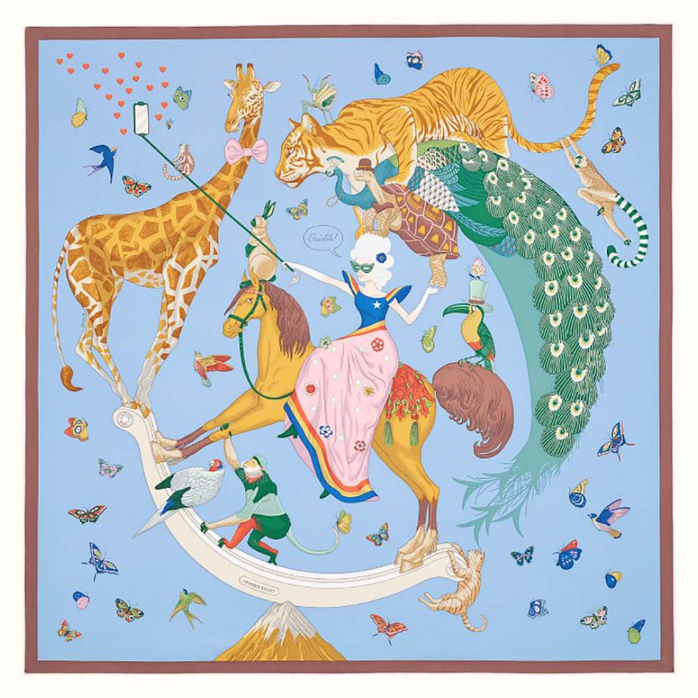 Flat lay of Hermes Women Hermes Story Scarf 90 in Silk Twill with Hand-Rolled Edges-Blue