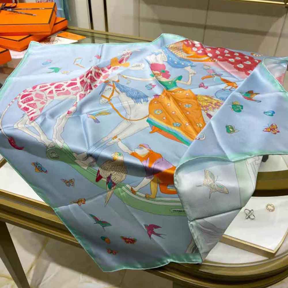 Hermes Women Hermes Story Scarf 90 in Silk Twill with Hand-Rolled Edges-Blue - image 6