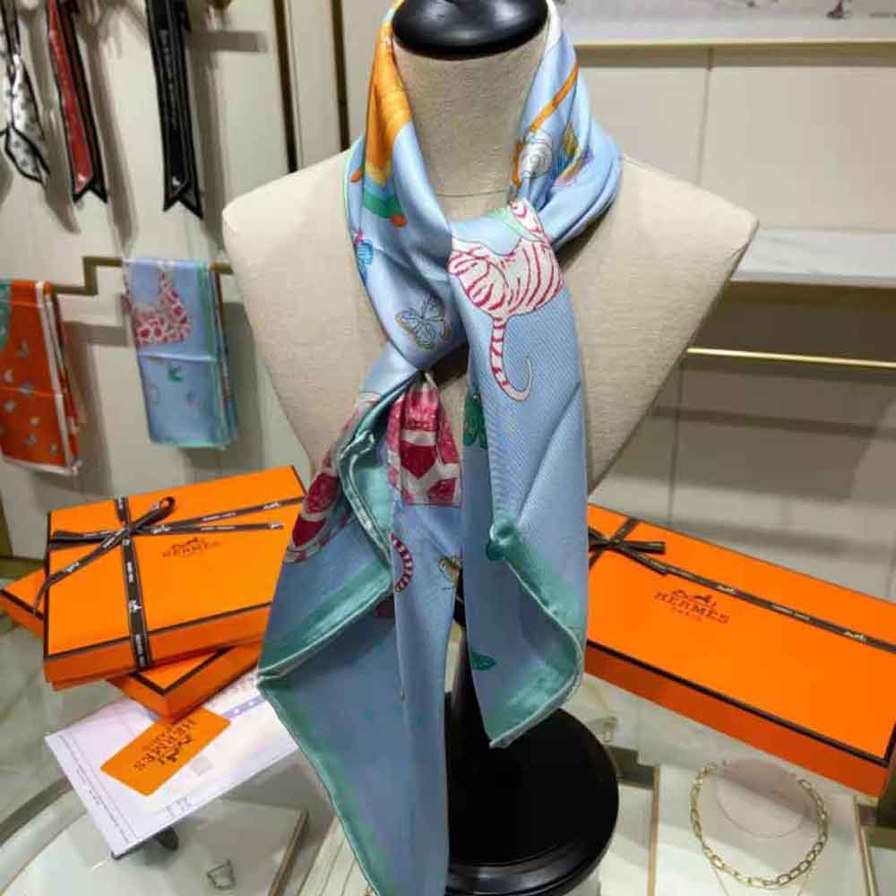 Hermes Women Hermes Story Scarf 90 in Silk Twill with Hand-Rolled Edges-Blue - image 5