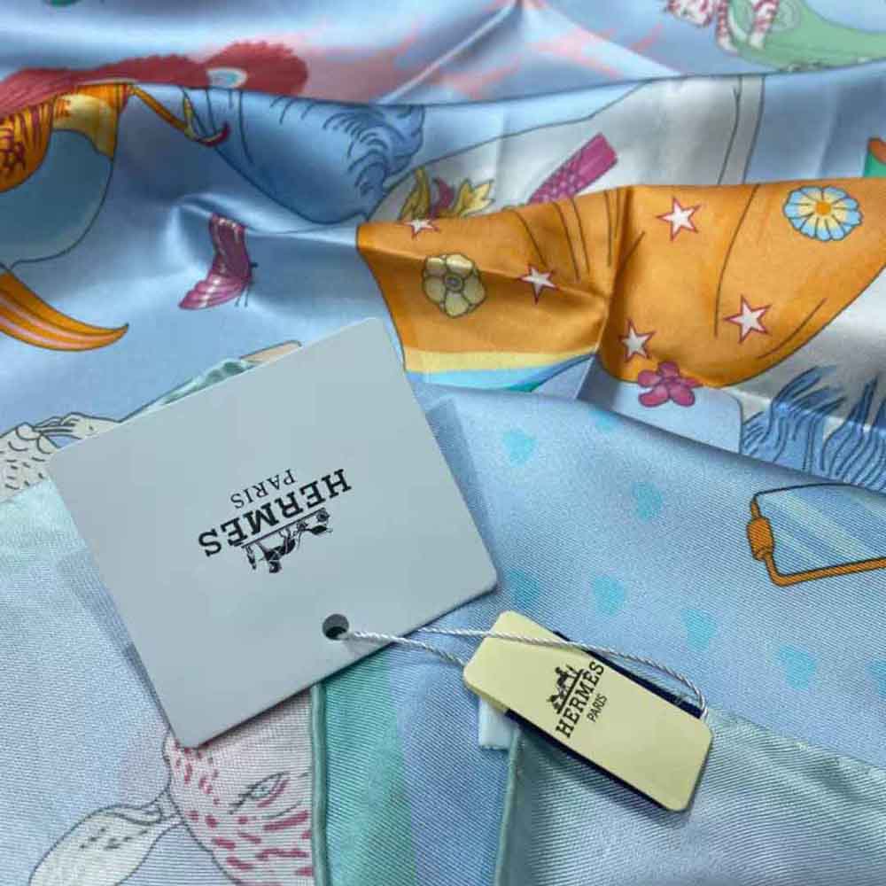Hermes Women Hermes Story Scarf 90 in Silk Twill with Hand-Rolled Edges-Blue - image 7