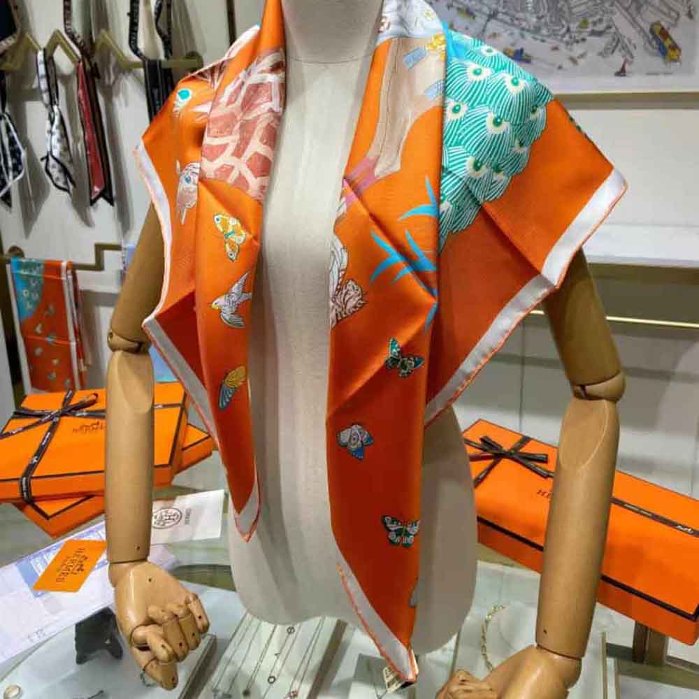 Hermes Women Hermes Story Scarf 90 in Silk Twill with Hand-Rolled Edges-Orange - image 7