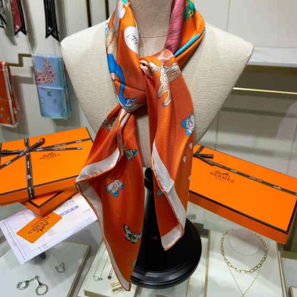 Hermes Women Hermes Story Scarf 90 in Silk Twill with Hand-Rolled Edges-Orange - image 6